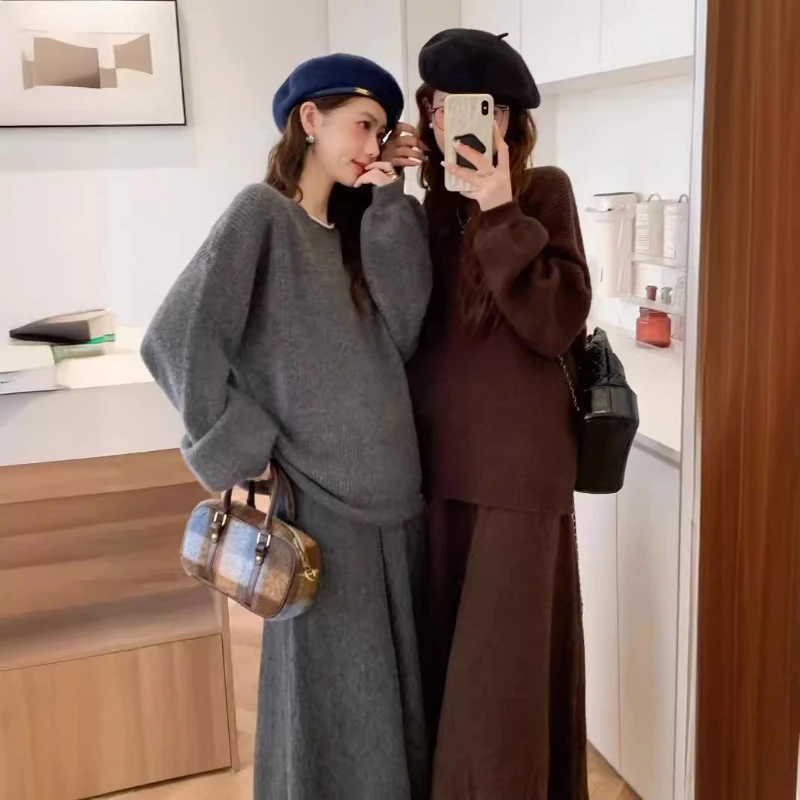 여성용 중간 길이 니트 세트, 단색 브이넥 풀오버, 2024 가을 및 겨울 모델, 달콤한 산뜻한 바람 스웨터