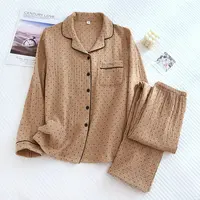 2025 Spring and Autumn New Women's Pajama Set 100%cotton crepe long-sleeved trousers two-piece polka dot cute home wear thin set - Image 2