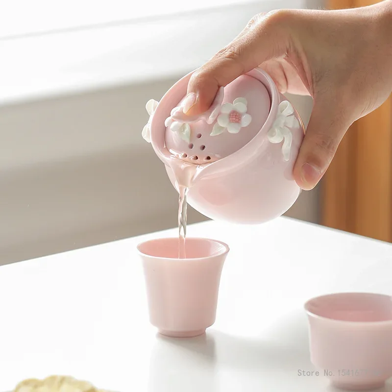 Pink Flower by Hand Portable Tea Set, Teapots Home Furnishings, Creative Tea Pot, Pink, White, Yellow, High Beauty, Quick Cups