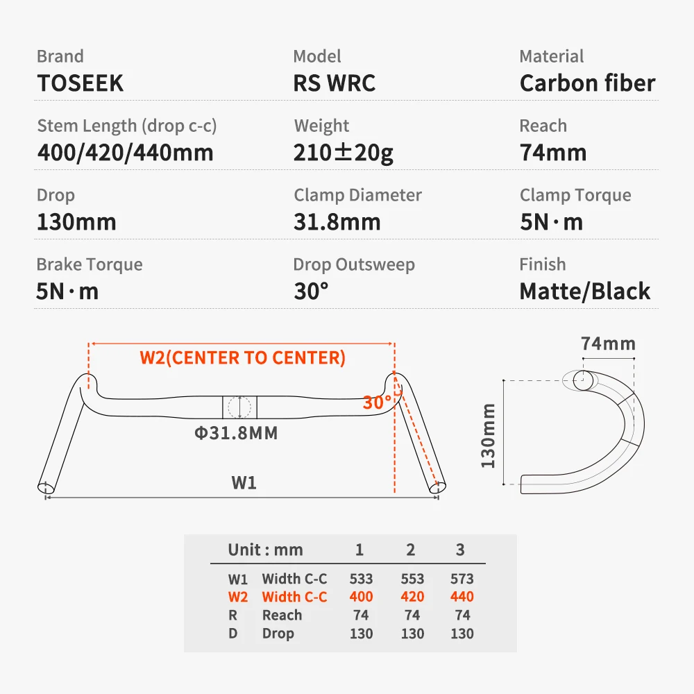 TOSEEK RS-wrc Carbon Gravel Handlebar Exotropism Handle Bar 31.8mm Cyclocross Road Bike Handlebars 400/420/440mm Matte Black bicycle accessories bicycle handlebar