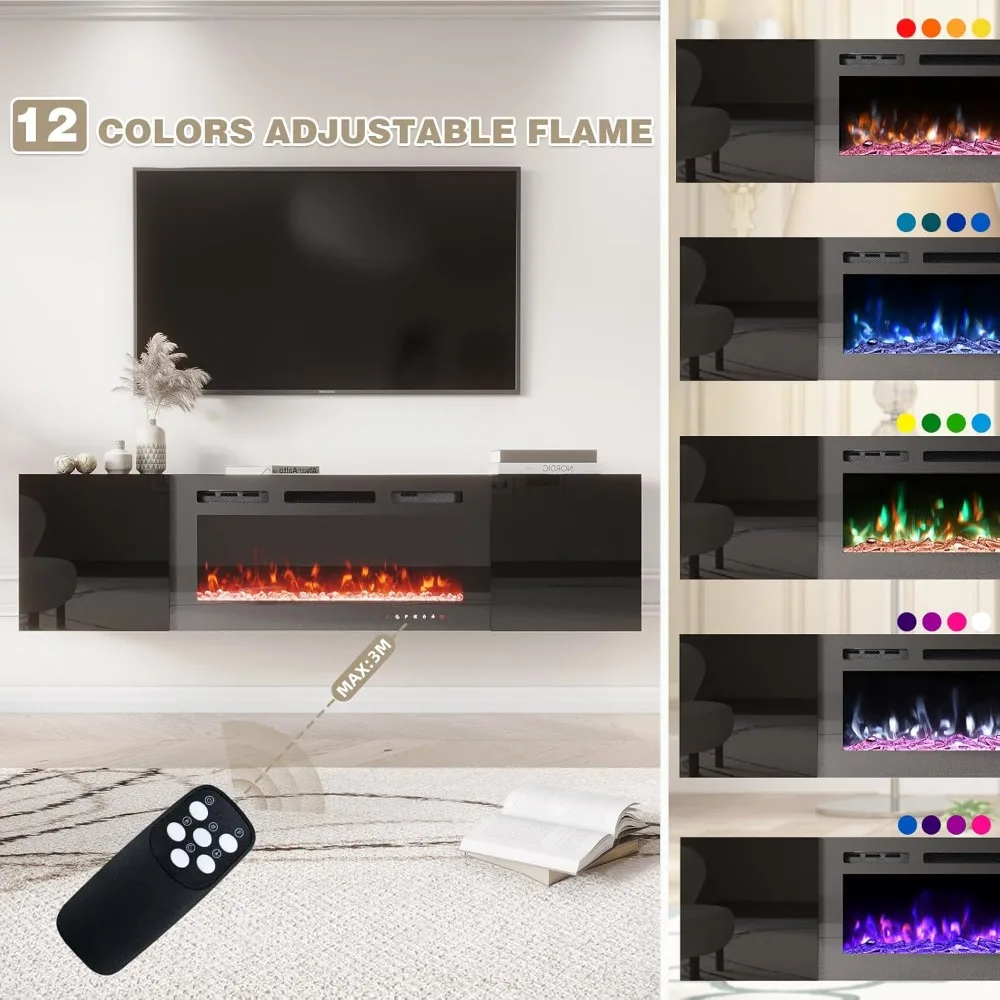 70'' Floating TV Stand with 36'' Electric Fireplace, 12 Flame Colors, Heater for TVs Up to 80'', Black Entertainment Center