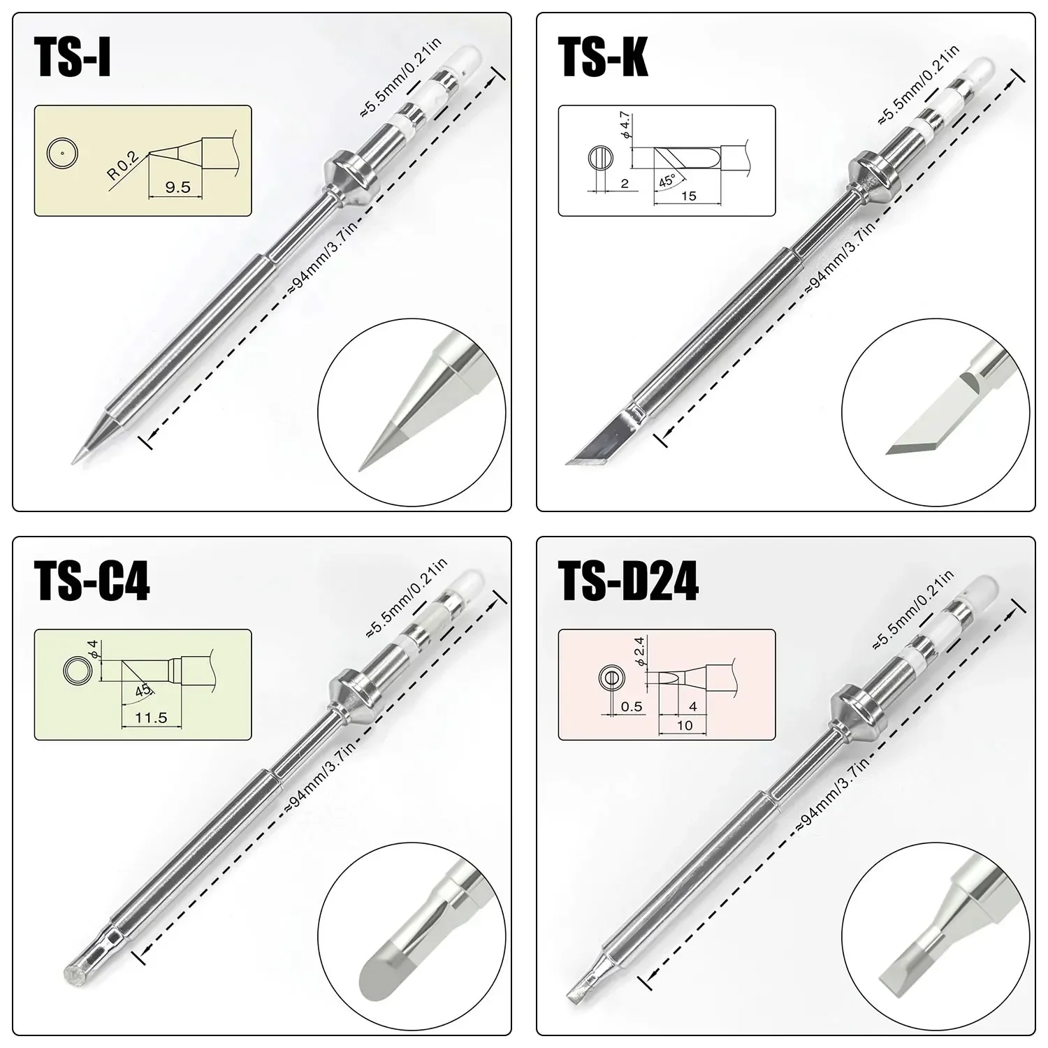 5-Piece Soldering Iron Tip Set For TS100 & TS101 Soldering Pens - Includes I, BC2, KU, J02, D24 Tips