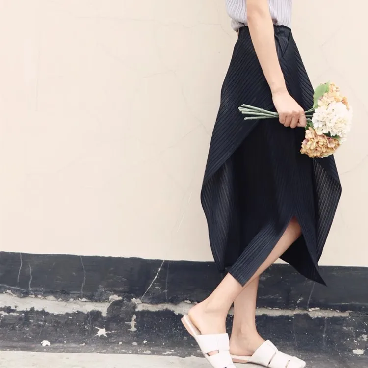 Women Irregular Pleated Skirts Solid Color Spring Summer Female Casual A- Line Midi Skirts Lady High Waist Side Split Skirts