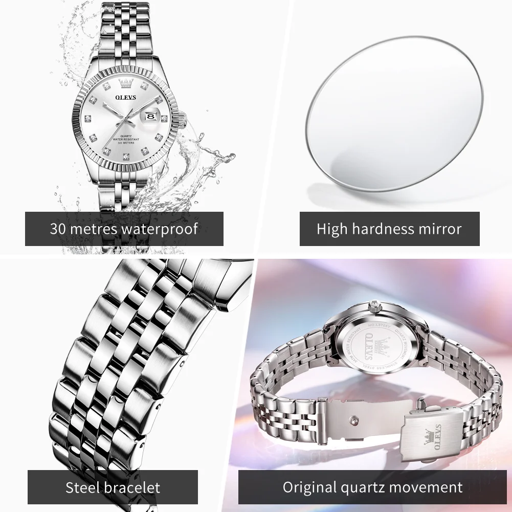 OLEVS 3705 Women's Watch Original Diamond Scale Date Quartz Watch For Women High Hardness Mirror Waterproof Ladies Wristwatch