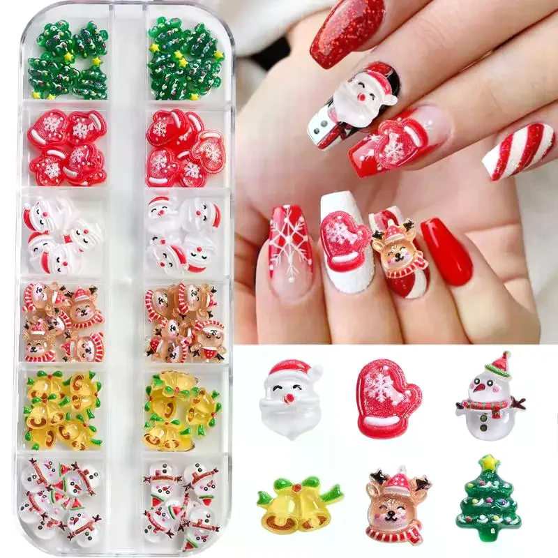 12 Grid 36/60 Pcs Kawaii Christmas 3D Nail Charms Snowman Xmas Tree Reindeer Santa Claus Resin Rhinestones Gems for Nail Decor