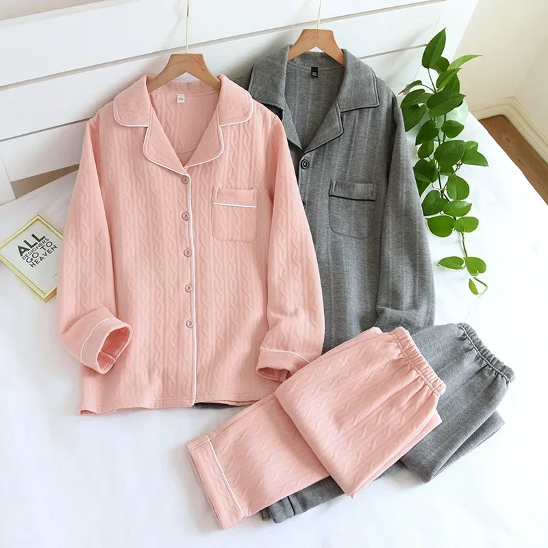 

New Autumn And Winter Pajamas Two-piece Couple Long-sleeved Trousers Cotton Air Layer Thickening Home Service For Men And Women