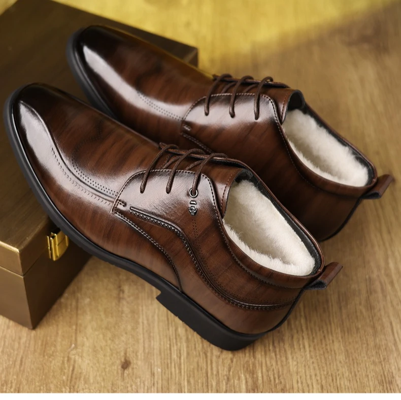 Winter Fleece Leather Shoes Men Business Dress Shoes Casual Warm Cotton  Footwear | eBay