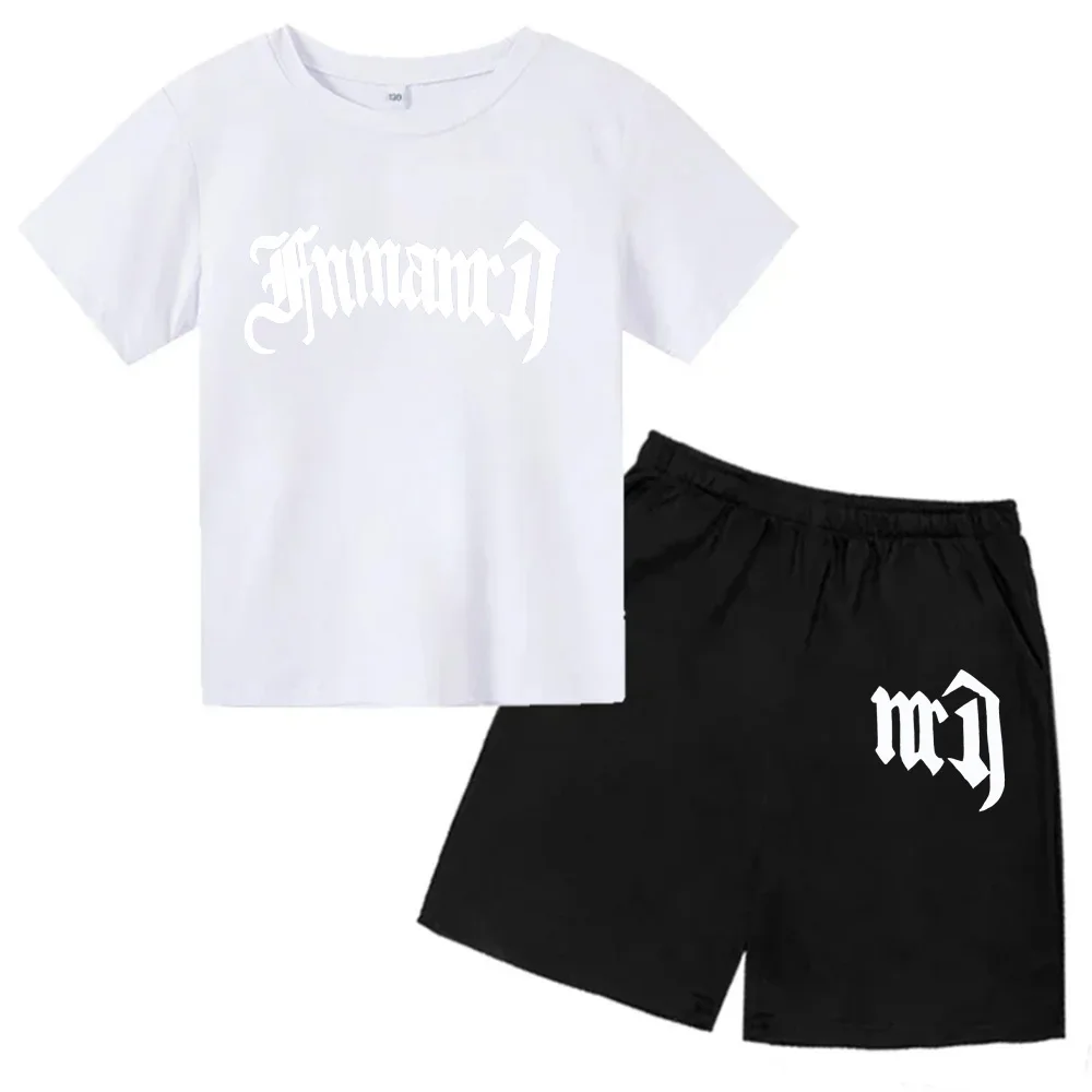 thumbnail image 1 of Ropa para niños con estampado de marca gótica, conjunto de camiseta y pantalones cortos de verano para adolescentes, 2 piezas, manga corta, moda informal para niños y niñas, 1 of 5