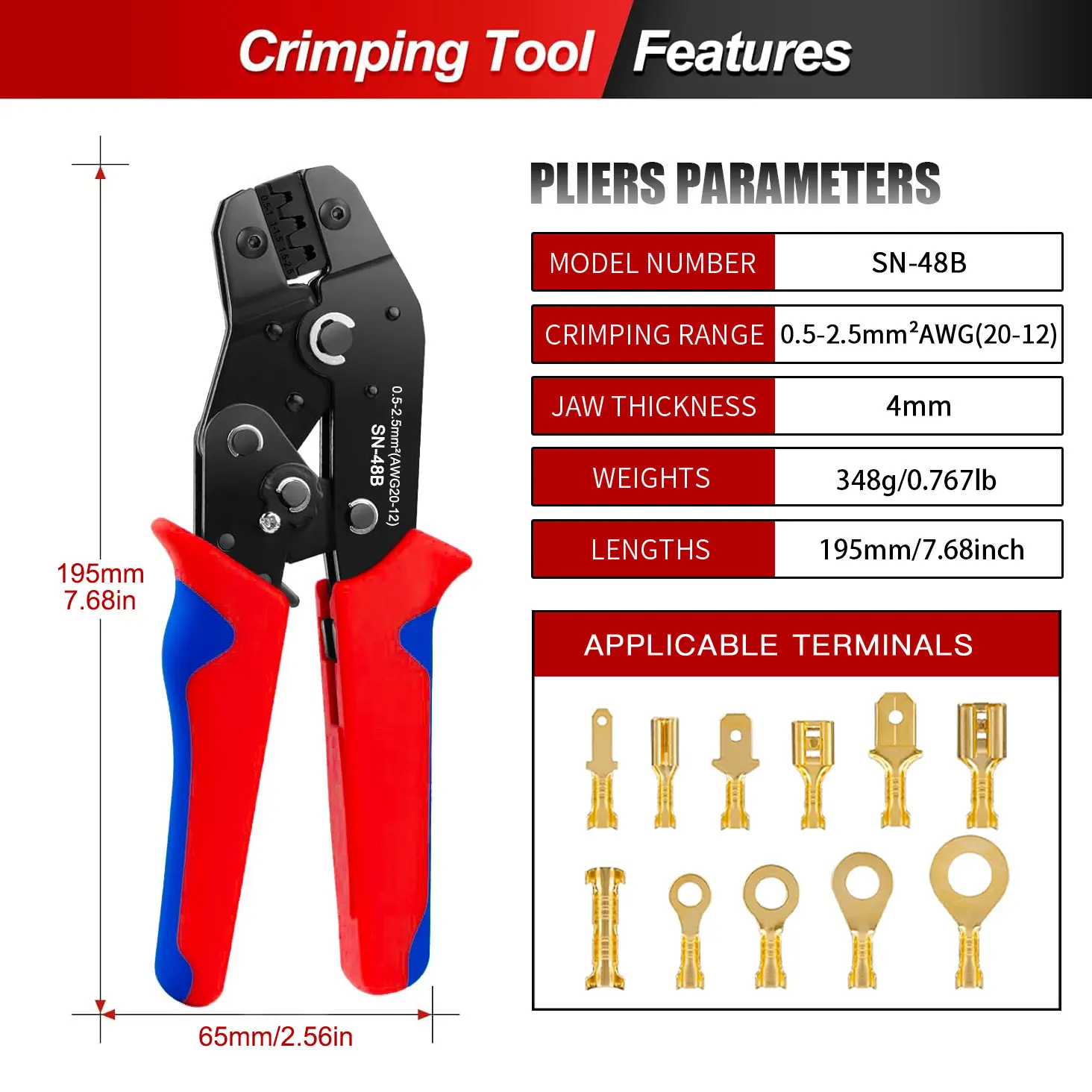 Crimping pliers set cable lugs connector hand tool kit 0.5-2.5 mm&sup2;