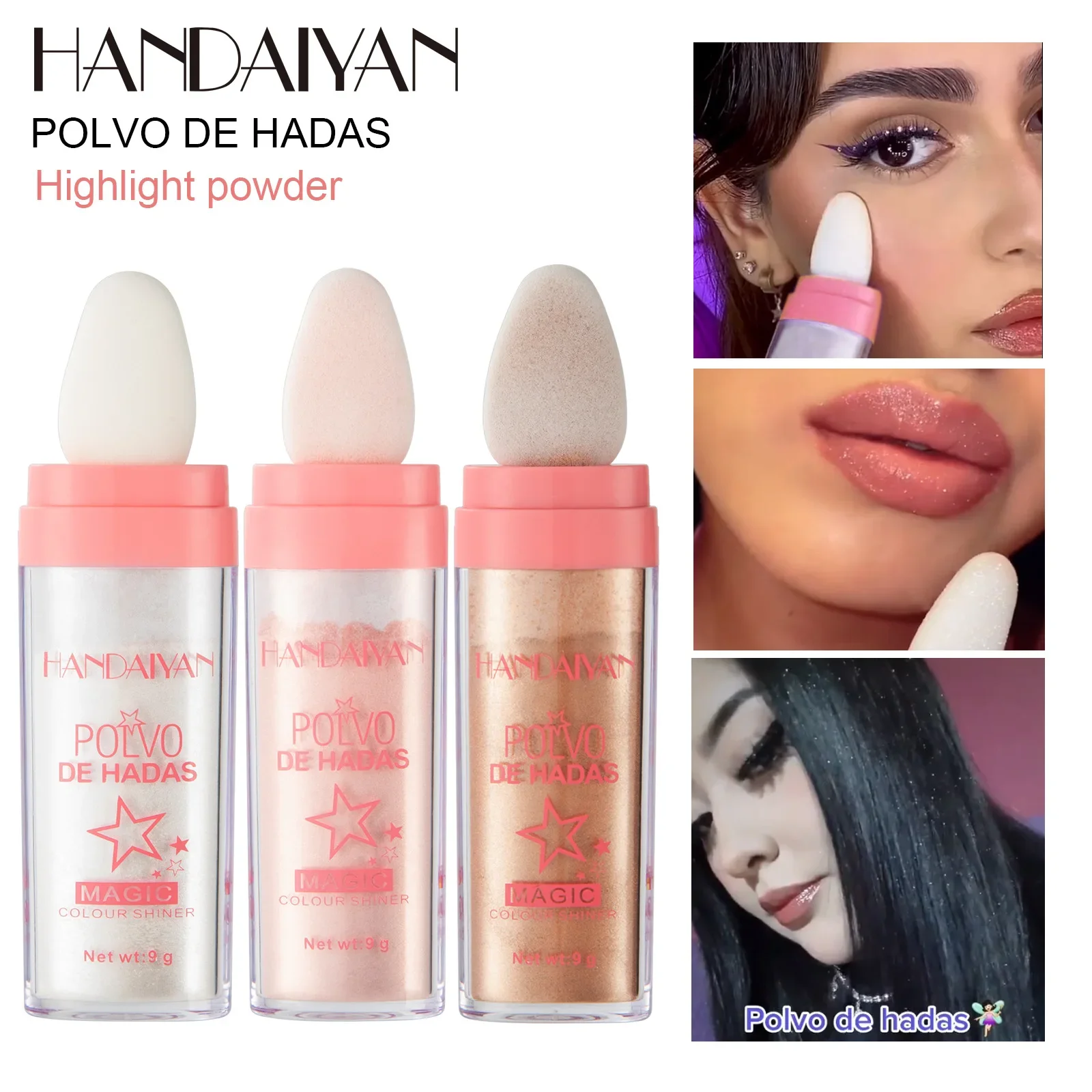 

3 Colors Handaiyan Face Highlighter Powder Pat Glitter Fairy Shimmer Blusher Fashion Pink Powder Makeup for Face Eyes Body