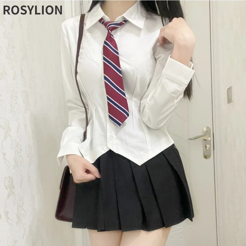 

Girls JK Uniform Elastic Shirt Short Skirt Set Ladies Tight Slim School Uniform Female Shirt JK Set Cute Sexy Two Piece Set