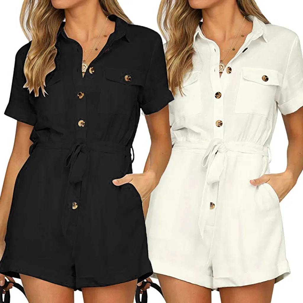 

2023 Women Black Bodysuit Casual Short Sleeve Indie Y2k Turn-down Collar Casual Solid Button Down Cuffed Boho Playsuit Jumpsuit