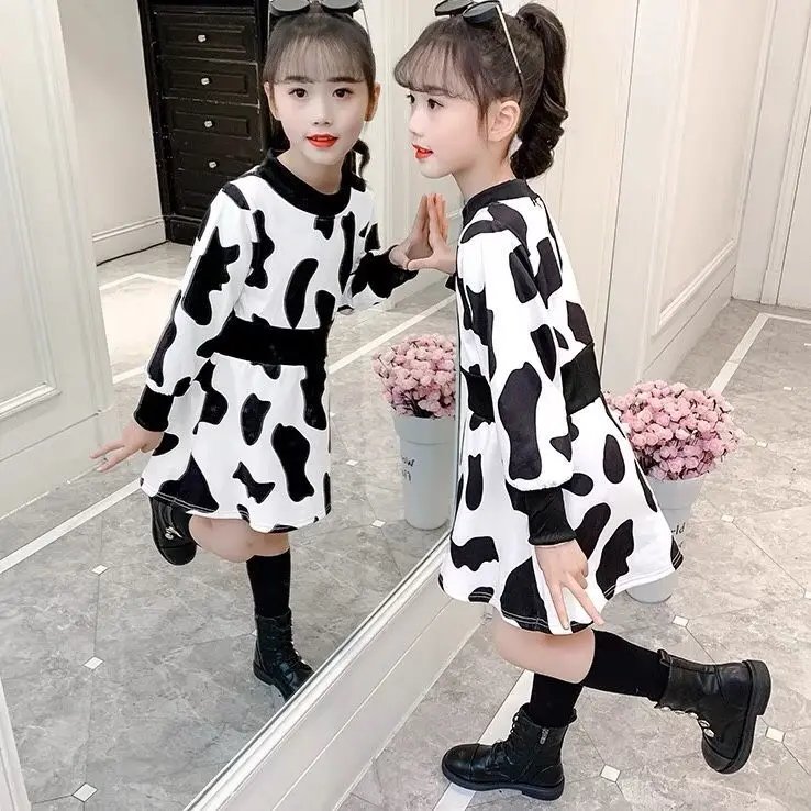 3-14 children's fleece mid-length dress girls winter and autumn children's long-sleeved mid-length plaid princess skirt bottomin
