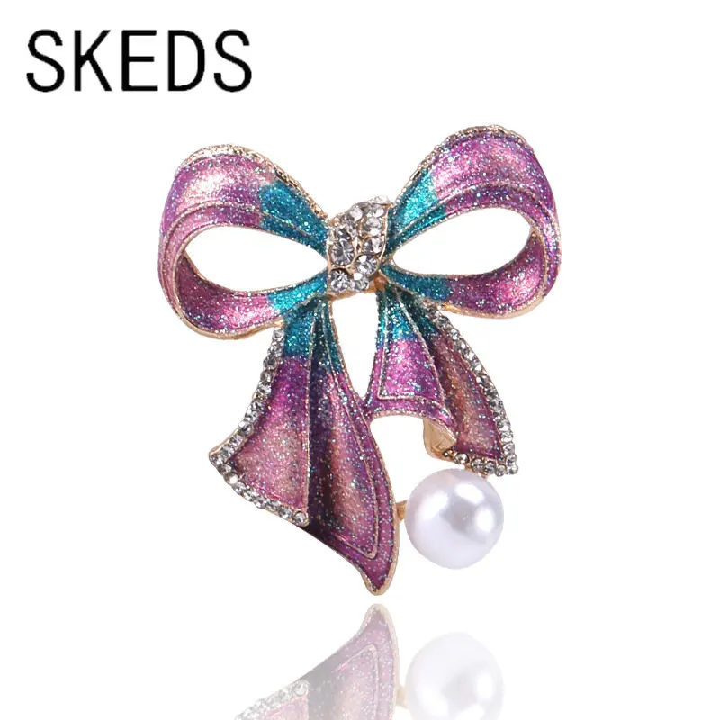 

SKEDS Women Elegant Enamel Bow Shiny Rhinestone Pearl Pins Badges Fashion High Quality Party Wedding Brooches Accessories Pin