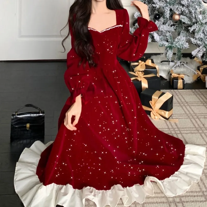 Autumn Shiny Velvet Midi Dresses for Women Long Sleeve