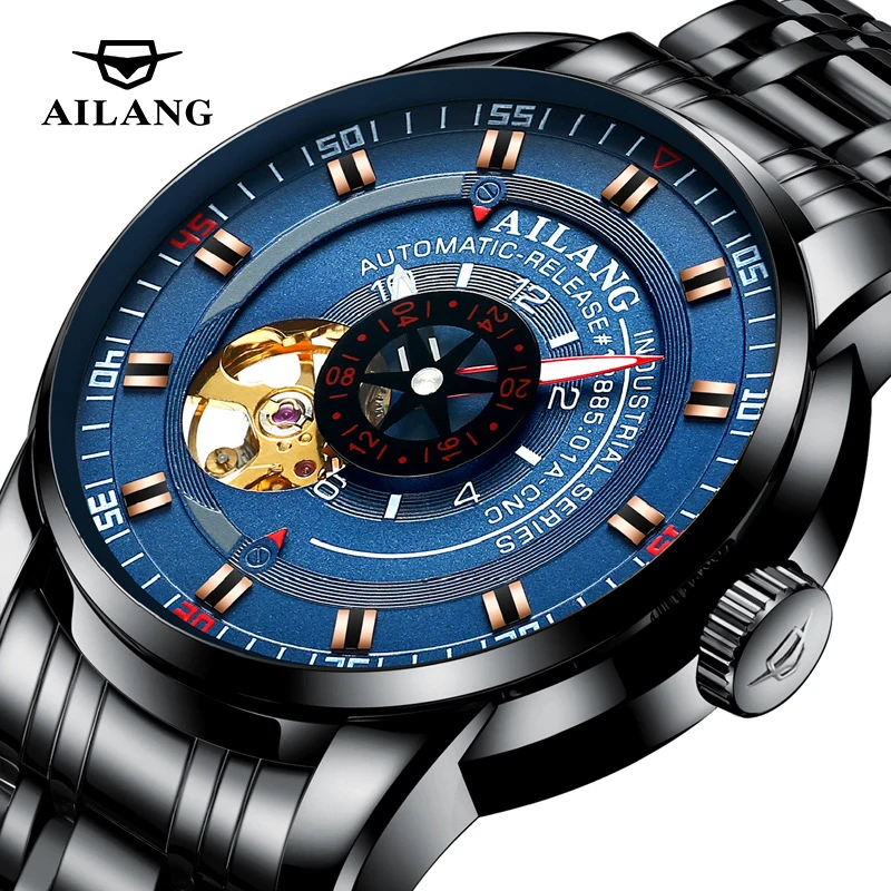 

AILANG Luxury Personalized Mechanical Watch Watch For Men Luxury Brand Black Steel Band 30M Waterproof Watch Relogio Masculino