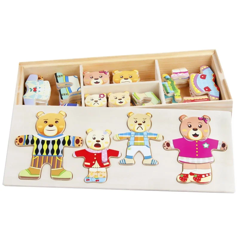 Wooden Toy Montessori Cartoon Animal Changing Clothes Jigsaw Dress Changing Shape Matching Puzzle Educational Toys For Children 6