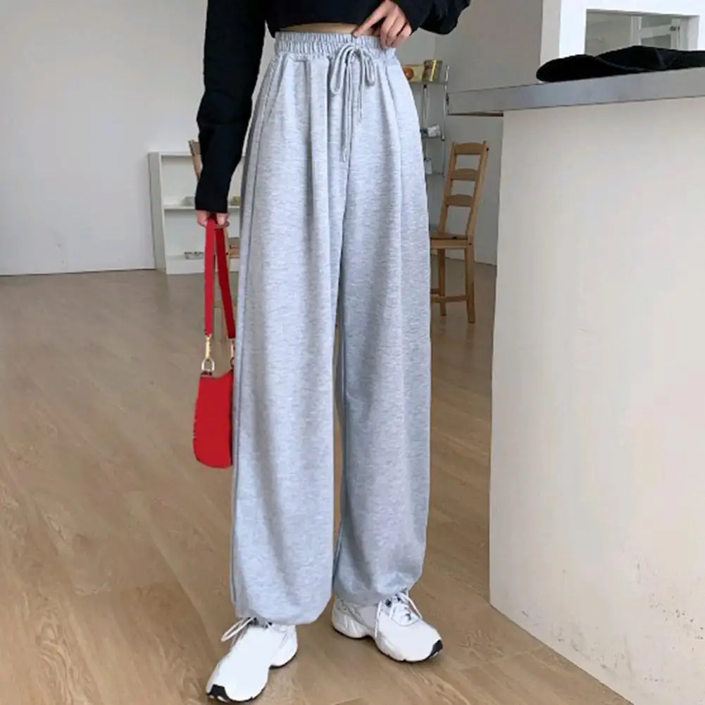 Trendy Women Sports Trousers Elastic Waist Skin-touch Pure Color Ankle Tied Sweatpants Temperament Women Pants Clothes