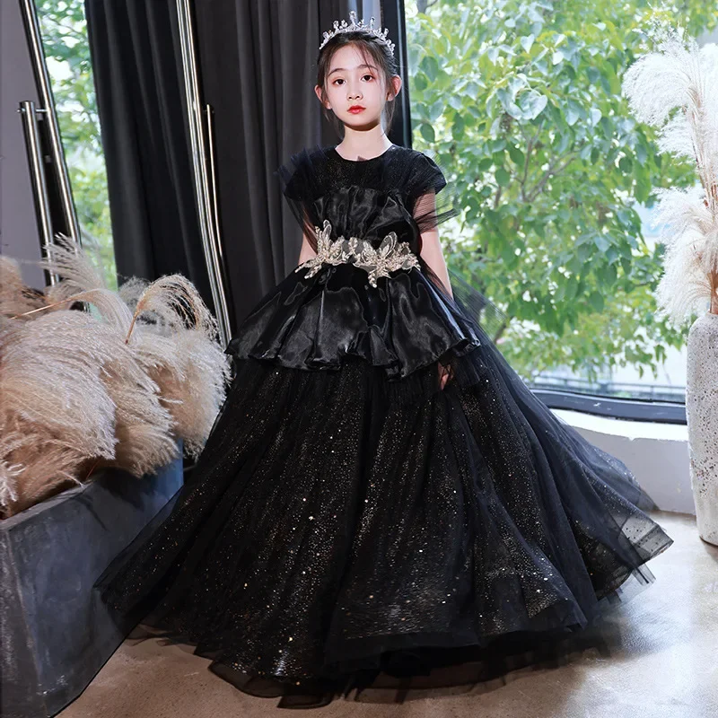 Girls Luxury Party Dress Kids Elegant Black Lace Princess Gown 