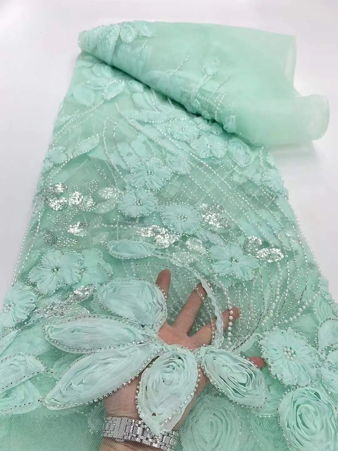 Latest 3D Flower Embroidery Beads Sequins African Lace Fabric 5 yards High Quality Nigerian Women Wedding French Material