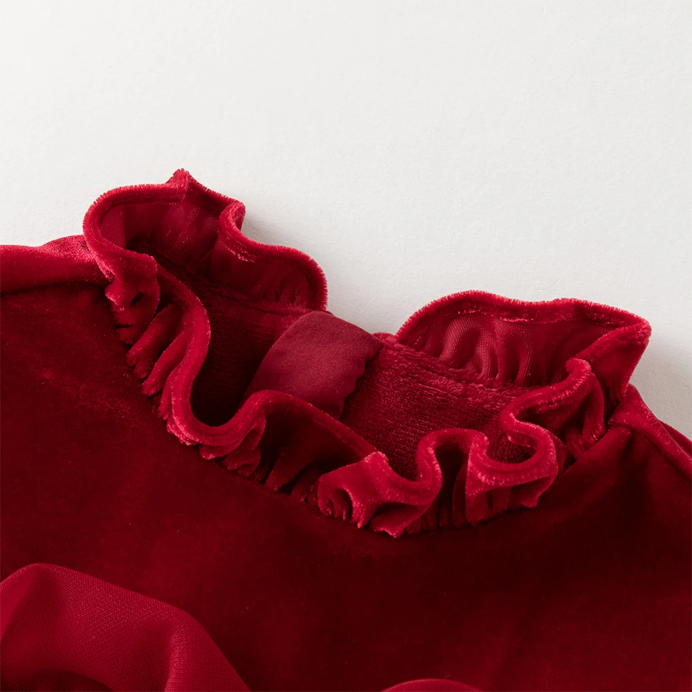 ديف بيلا الفتيات الأميرة المخملية فستان الشتاء الطفل لطيف سحر الدانتيل فستان شبكي حفلة سميكة طويلة الأكمام ملابس خارجية حمراء DB4254215