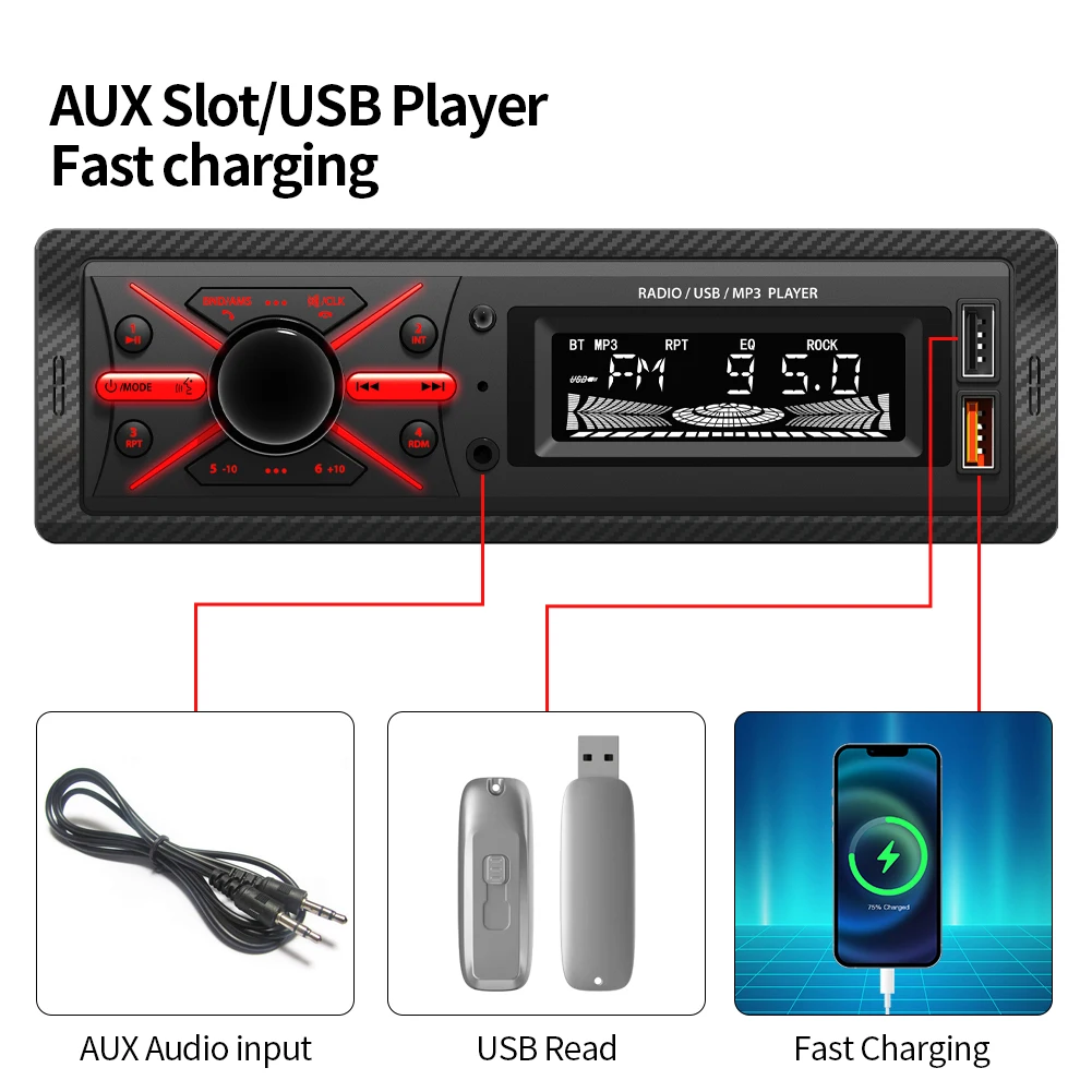 Car Radio 1din Stereo Multimedia MP3 Player Digital Bluetooth FM Audio Music Colorful RGB Light With USB In Dash AUX Input - 6