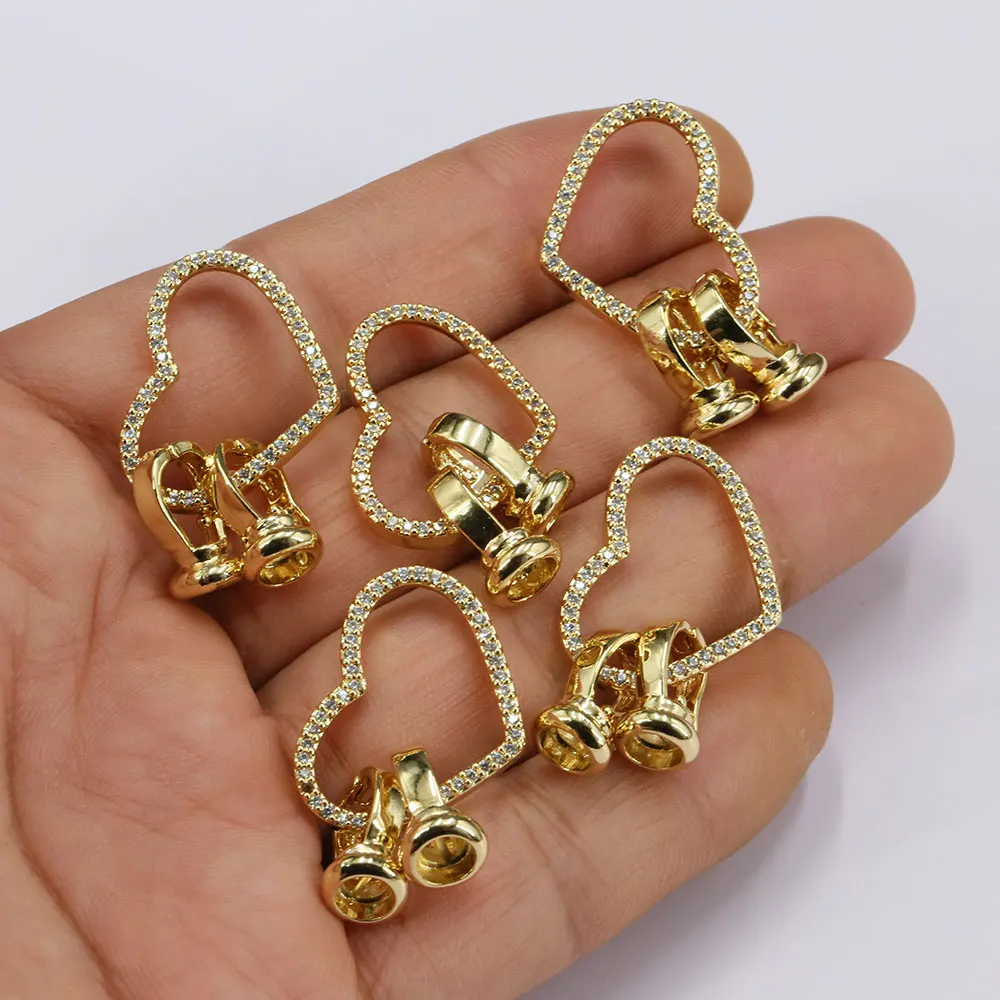 APDGG 5 Pcs Circle Heart Copper Yellow Gold Plated CZ Clasps For Pearl Bracelets Necklaces Making DIY Craft Accessories