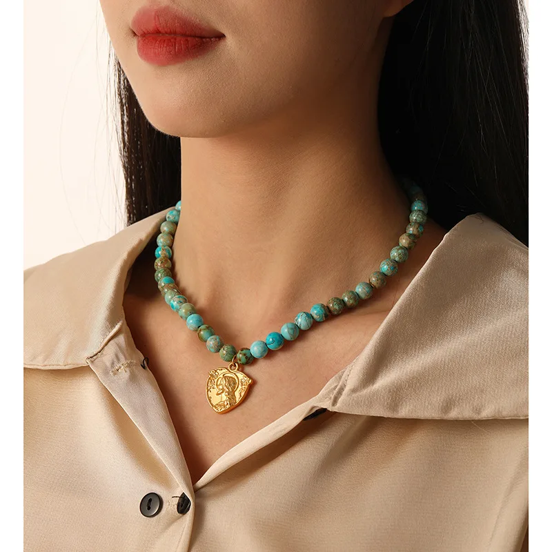 

French vintage portrait coins blue beaded necklaces for women high-end fashion luxury summer collarbone chain