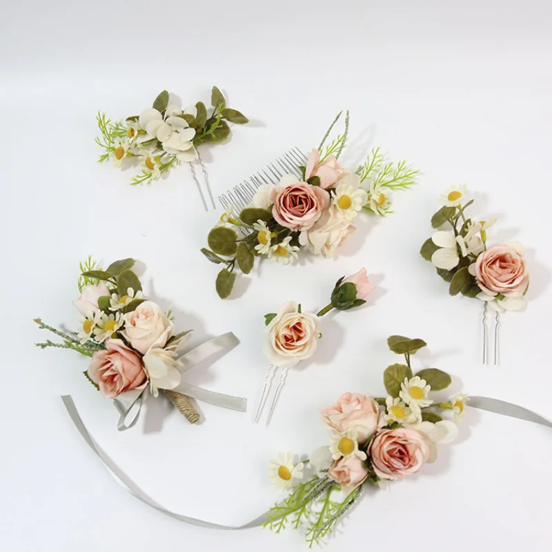 Pink Artifical Headwear Flowers Handmade Floral Comb Garland Bridal Headdress Wedding Decoration Hair Accessories