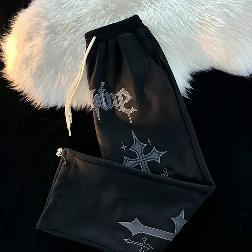 Y2K 레트로 하이 스트리트 힙합 캐주얼 바지 남녀 공용, 루즈 크로스 프린팅 스트리트 와이드 레그 팬츠 스웨트 팬츠 ins Tide 브랜드 3
