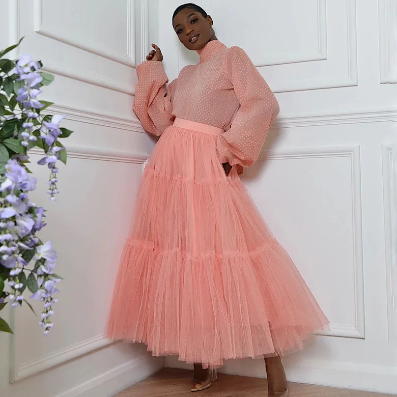 

Peach Pink Maxi Long Skirt Pleated Ankle Length Tulle Skirts Wedding Bridesmaid Tutu Skirt Customized Saia Longa