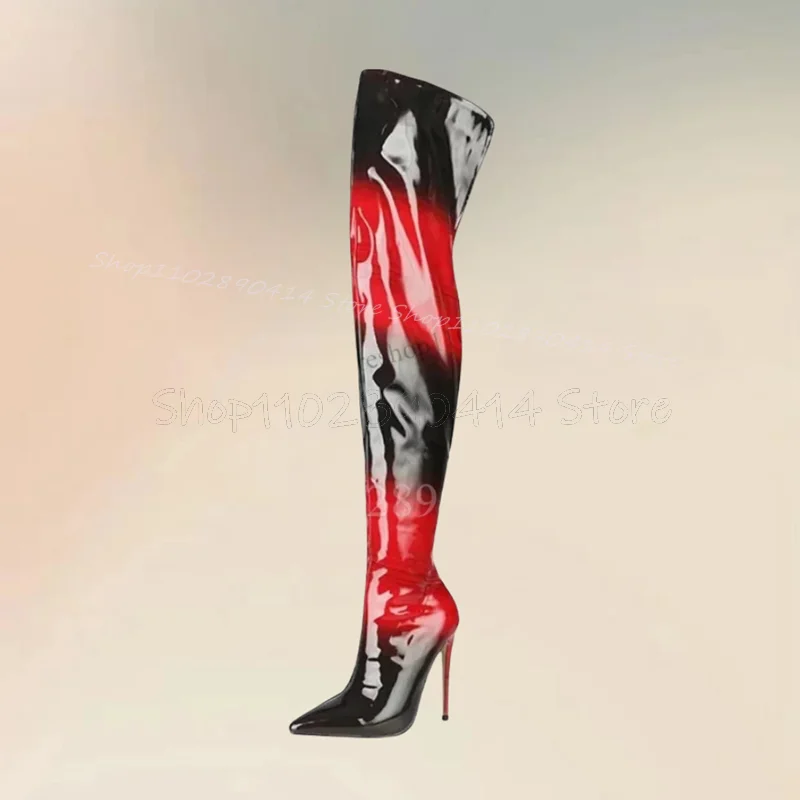 

Red Black Gradient Color Patent Leather Pointed Toe Boots Side Zipper Women Shoes Thin High Heels Novel 2024 Zapatos Para Mujere