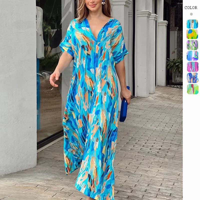 

Summer 2023 New High Waist Fashion Printed Commuting Elegant Short Sleeve Dress Female Dress
