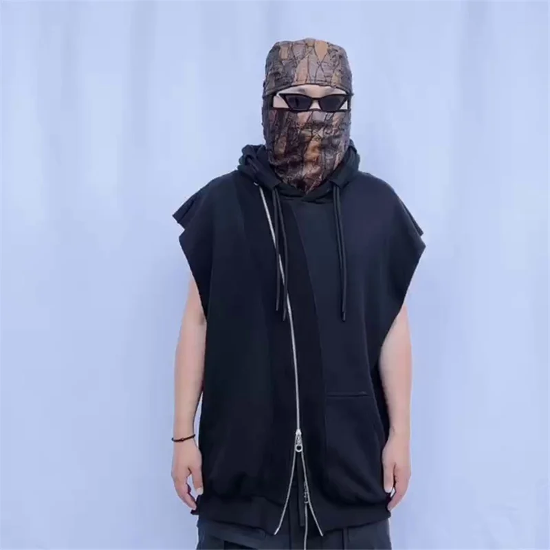 

Xs-6Xl Autumn Loose Sweatshirts High Street Black Sleeveless Vest Zip-Up Hoodie Cardigan Men's Clothes Oversize Tops Casual Coat