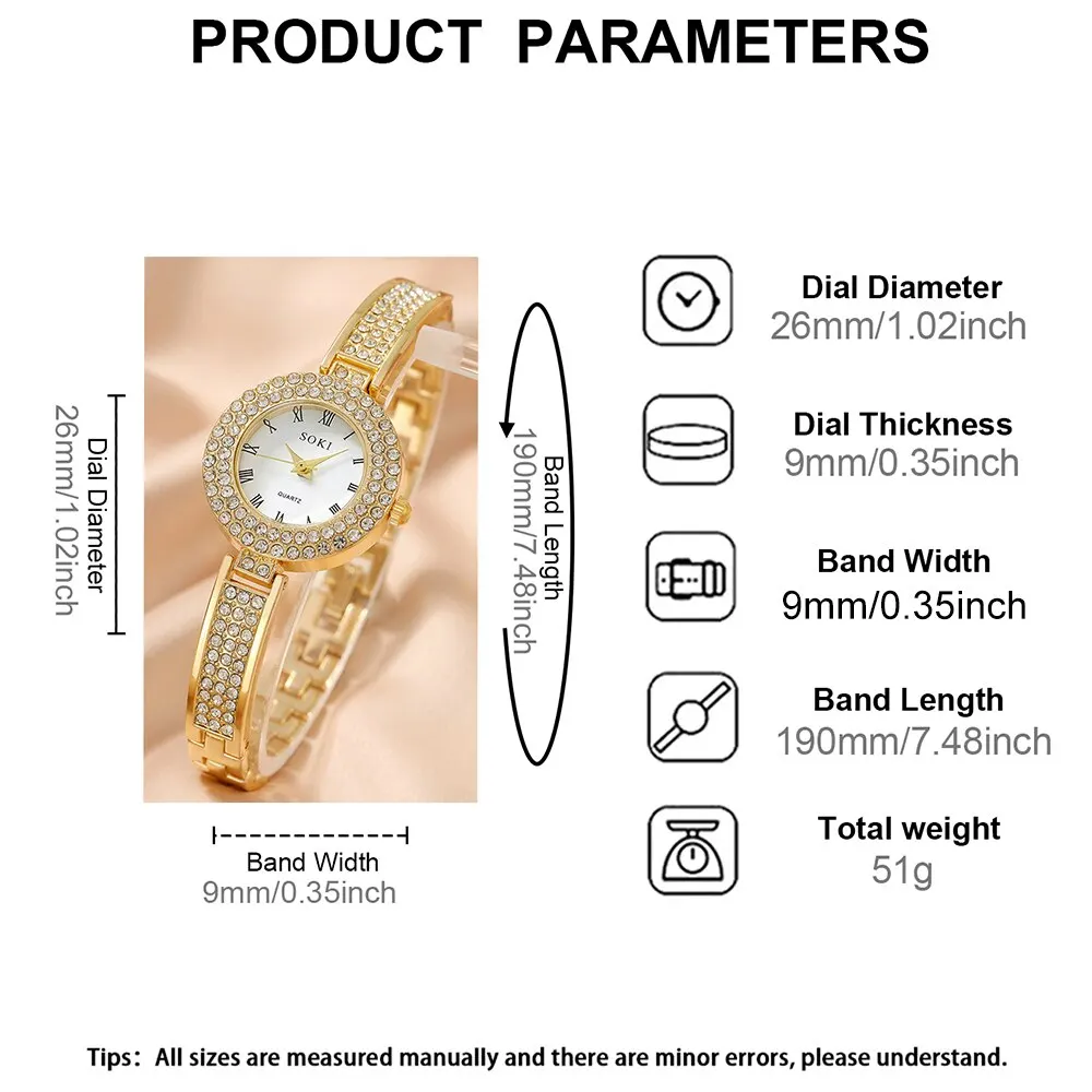 5 ، ساعة نسائية مستديرة من حجر الراين ، طقم خواتم...