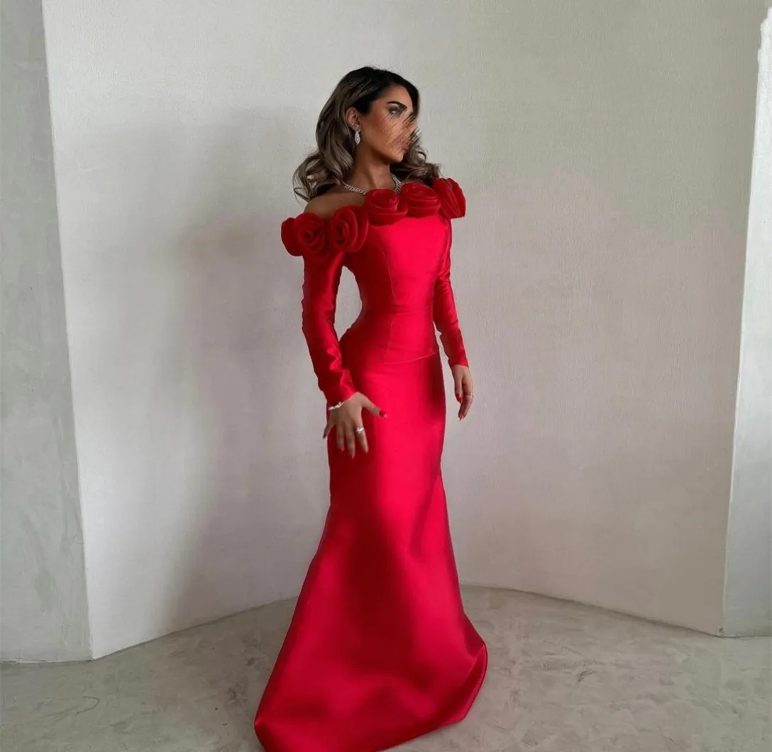Long Red Satin Evening Dresses, Sheer Neckline Long Sleeve Beaded African High Slit Women Formal Prom Dress