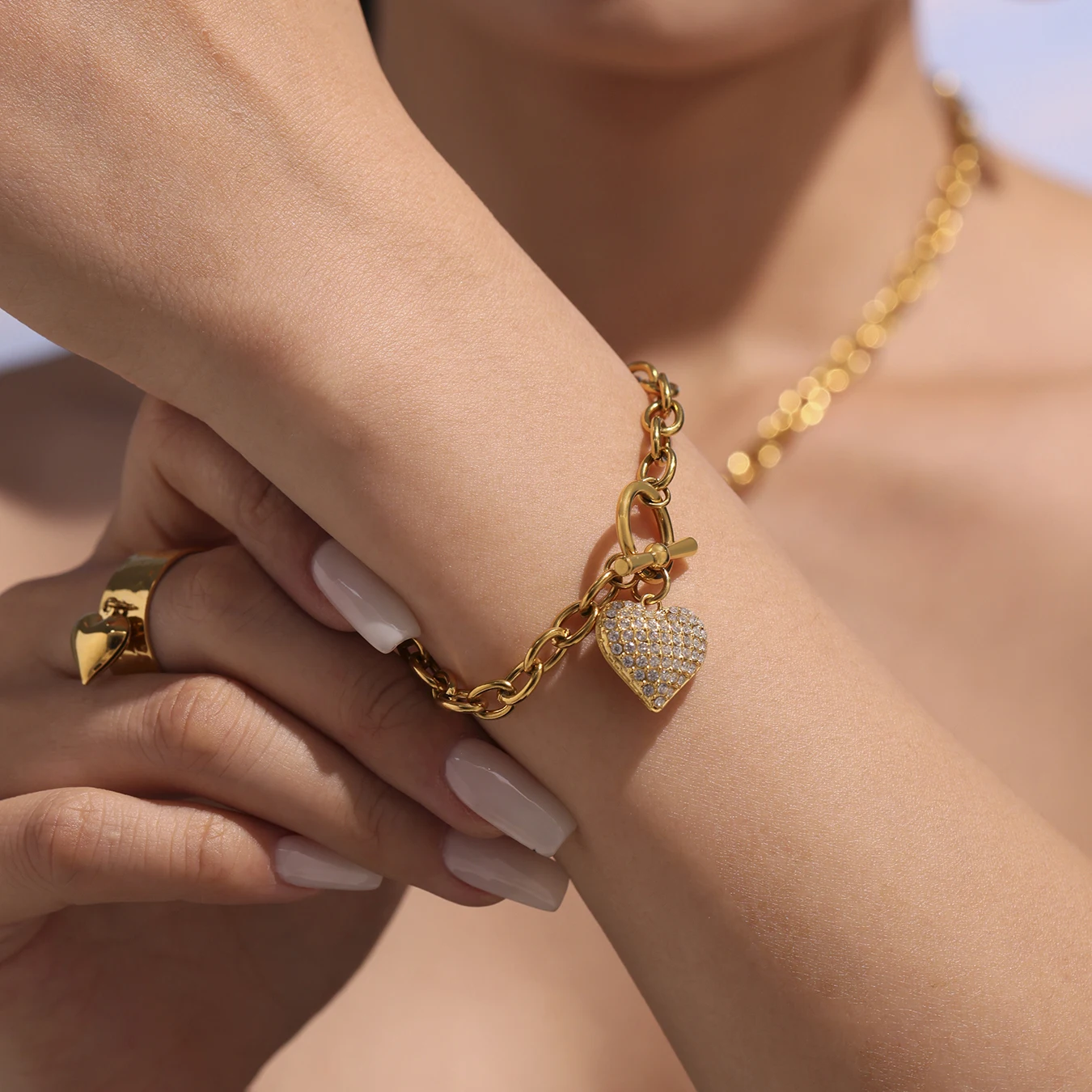 Glänzende Herz Pentant Halskette Frauen Edelstahl Vergoldet OT Schnalle Wasserdichte Kette Weibliche Mädchen Schmuck Geschenk – Detail 6