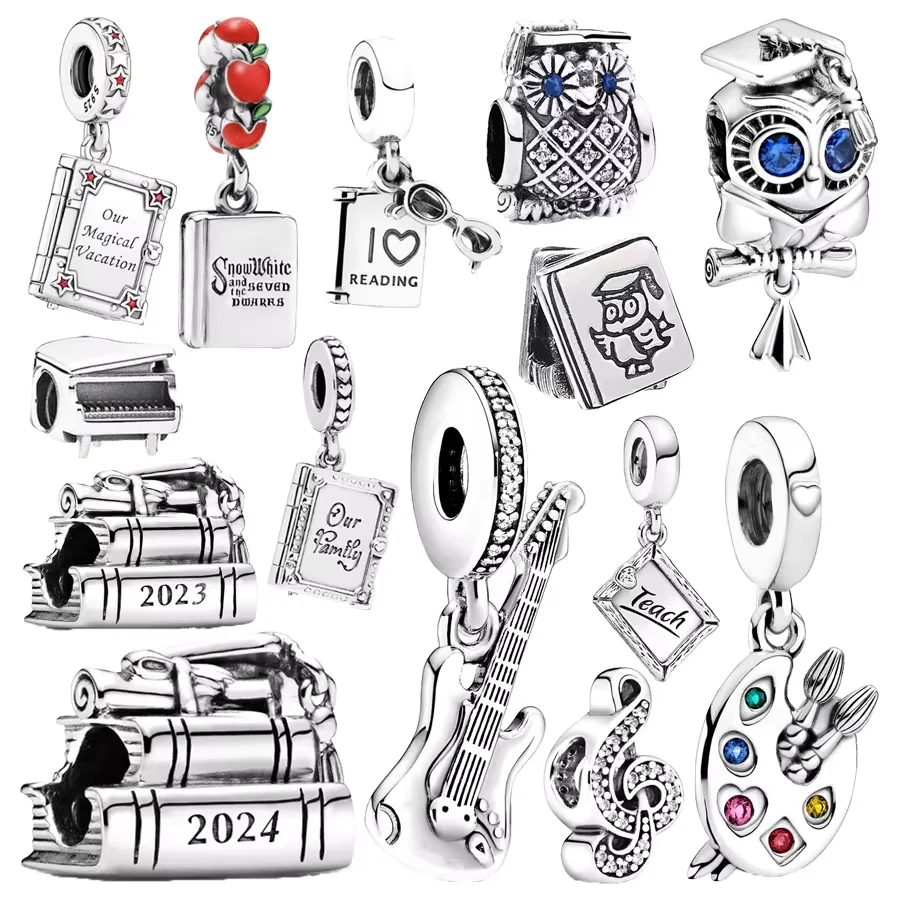 Beads Charms Owl Palette Graduation Music Art Book Dangle Fit Original 925 Sterling Silver Bracelet DIY Jewelry Gift
