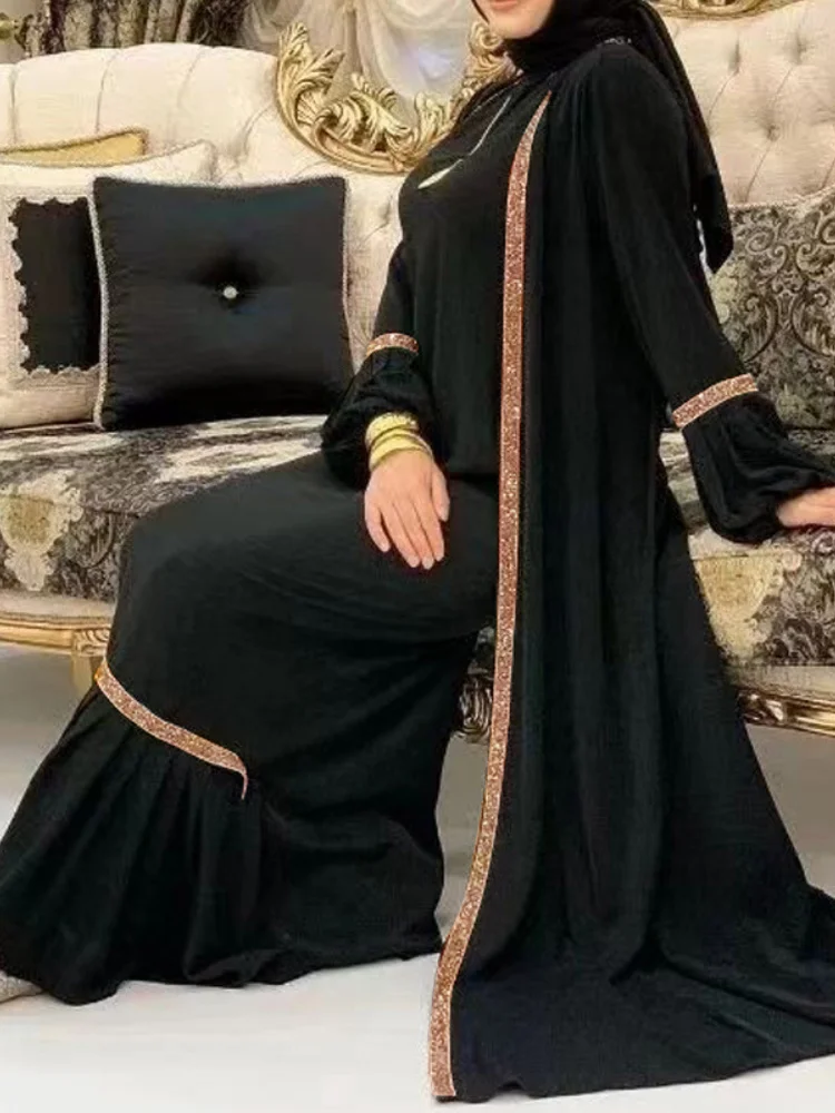 

Eid Muslim Abaya Women Dress 2 Piece Set Prayer Morocco Caftan Ruffle Gowns Dubai Arabic Cardigan Robe