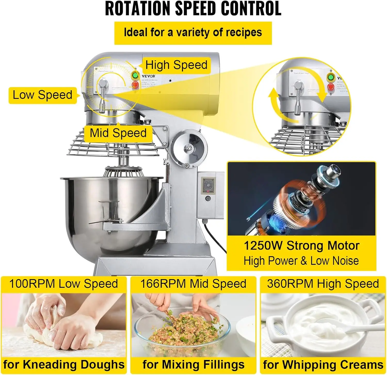 30Qt Commercial Food Mixer with Timing Function， Commercial Mixer 1250W Stainless Steel Bowl Heavy Duty Electric Food Mixer 4