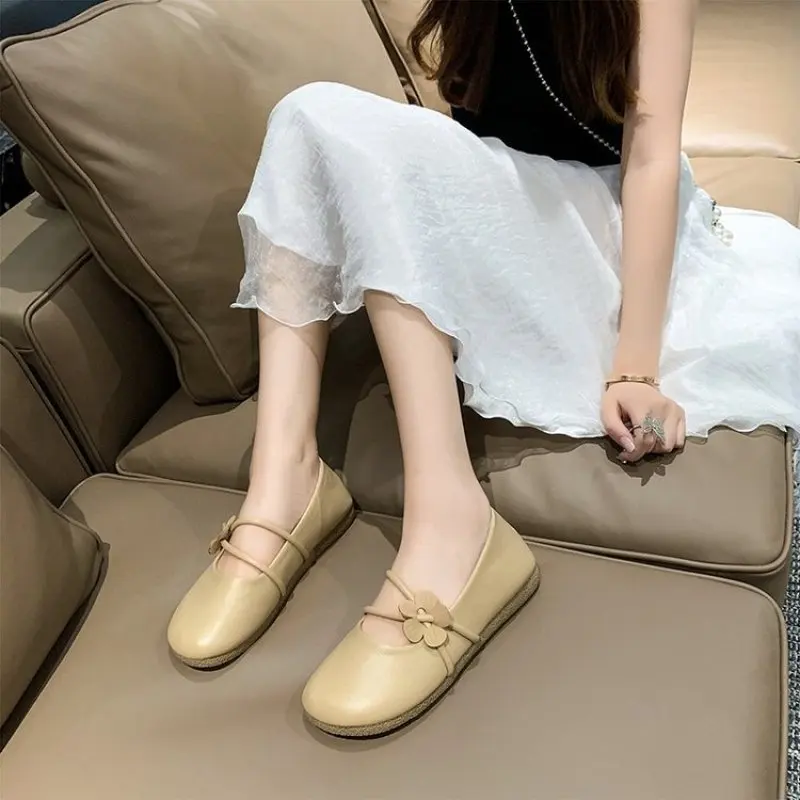 

Elegant Green Ballet Flats Women's Strappy Loafers Girl Summer Concise Mary Jane Shoes Woman Slip On Leather Moccasins Dress New