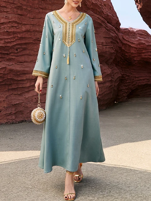 Mia Muse Ramadan Essentials Women's Muslim Luxury Abaya Round-Neck Elegant Kaftan Diamonds Tassel Dress 1