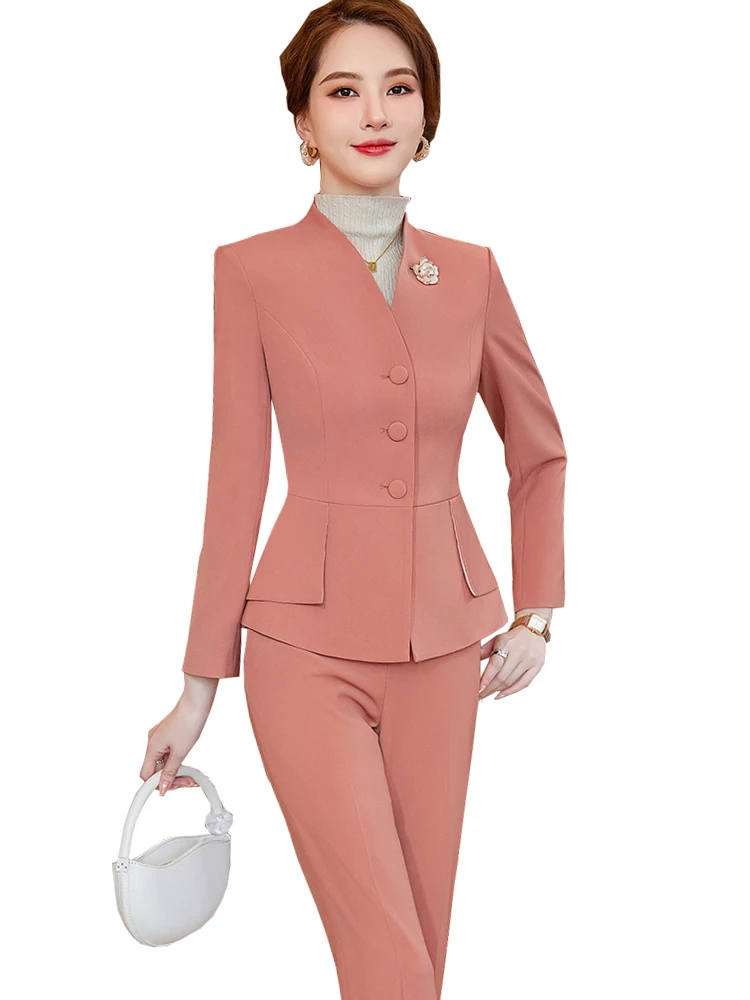 

Elegant Ladies Slim Pant Suit Formal Women Female 2 Piece Set Yellow Pink Office Business Work Wear Blazer Jacket And Trouser