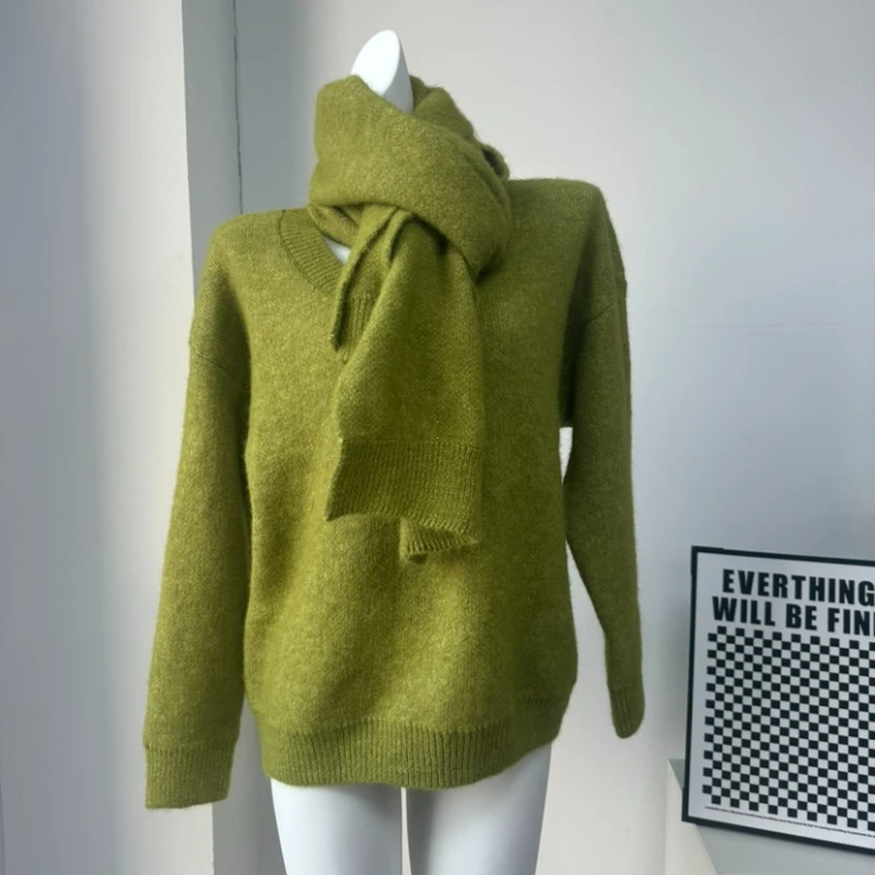 2025 New Soft Loose V Neck Knitted Sweaters Women Winter Solid Female Pullovers & Scarf Warm Basic Knitwear Jumper