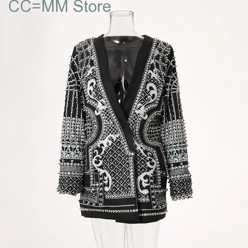 new Beaded Geometric Spring Winter Long Sleeves V-Neck Vintage Ladies Outwear vintage fashion Overcoats