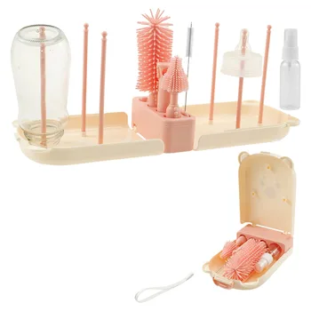 Set di spazzole per biberon Kit di pulizia per biberon portatile Stendino con spazzola per capezzoli in silicone Strumento per la pulizia delle bottiglie per la casa e il viaggio