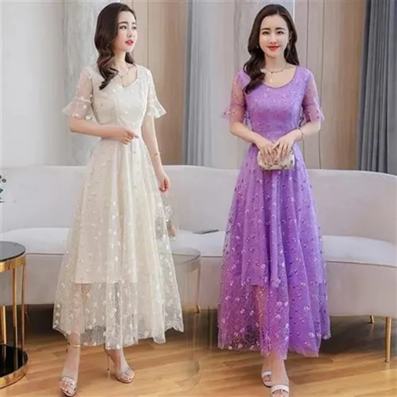 

2022 Summer new dress long slim fit short sleeve mesh embroidered skirt women's dress medium long dress women