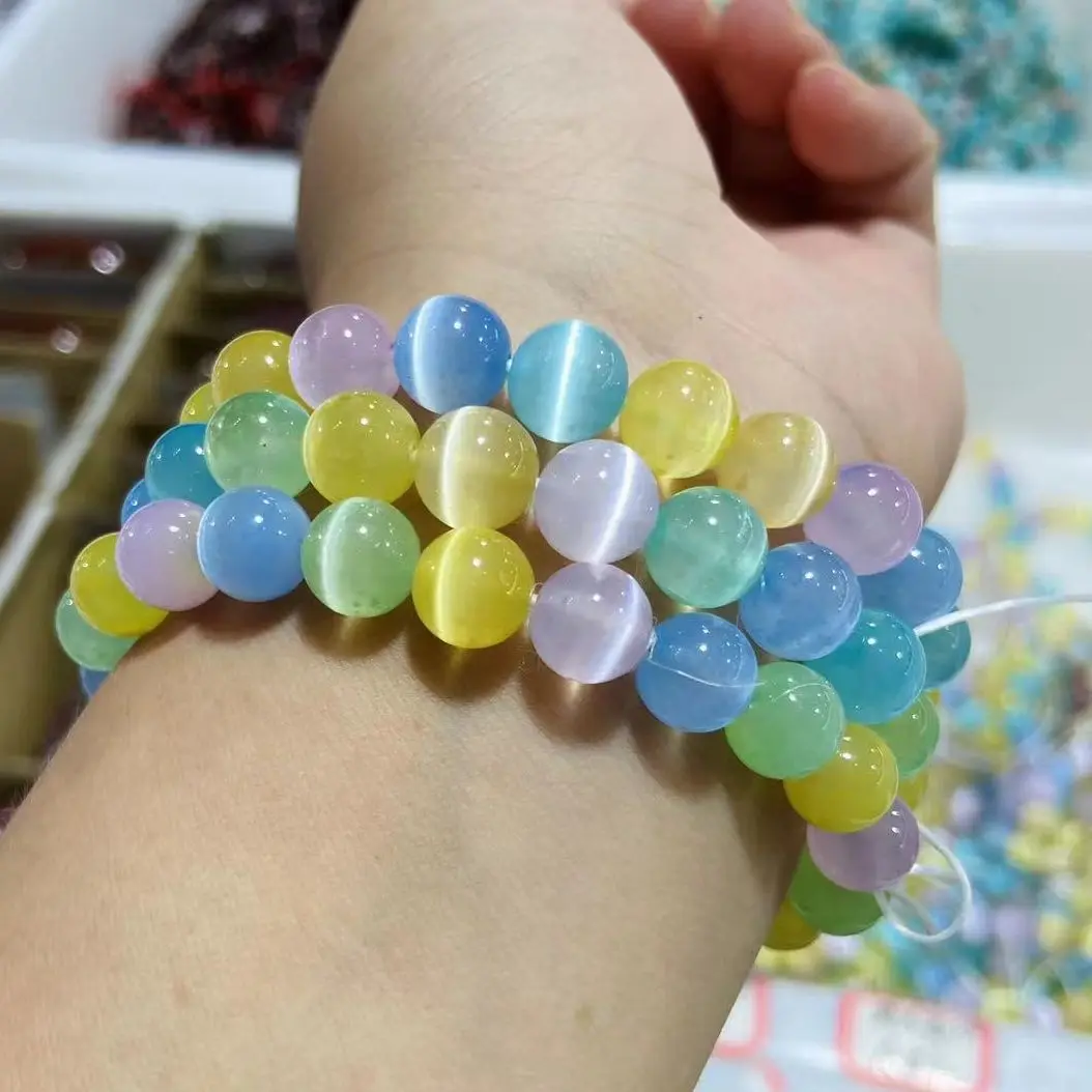 

Natural Selenite Bracelet 8mm Round Mix Aura Color Fine Stone Beads Bracelet Yoga Balance Jewelry For Women