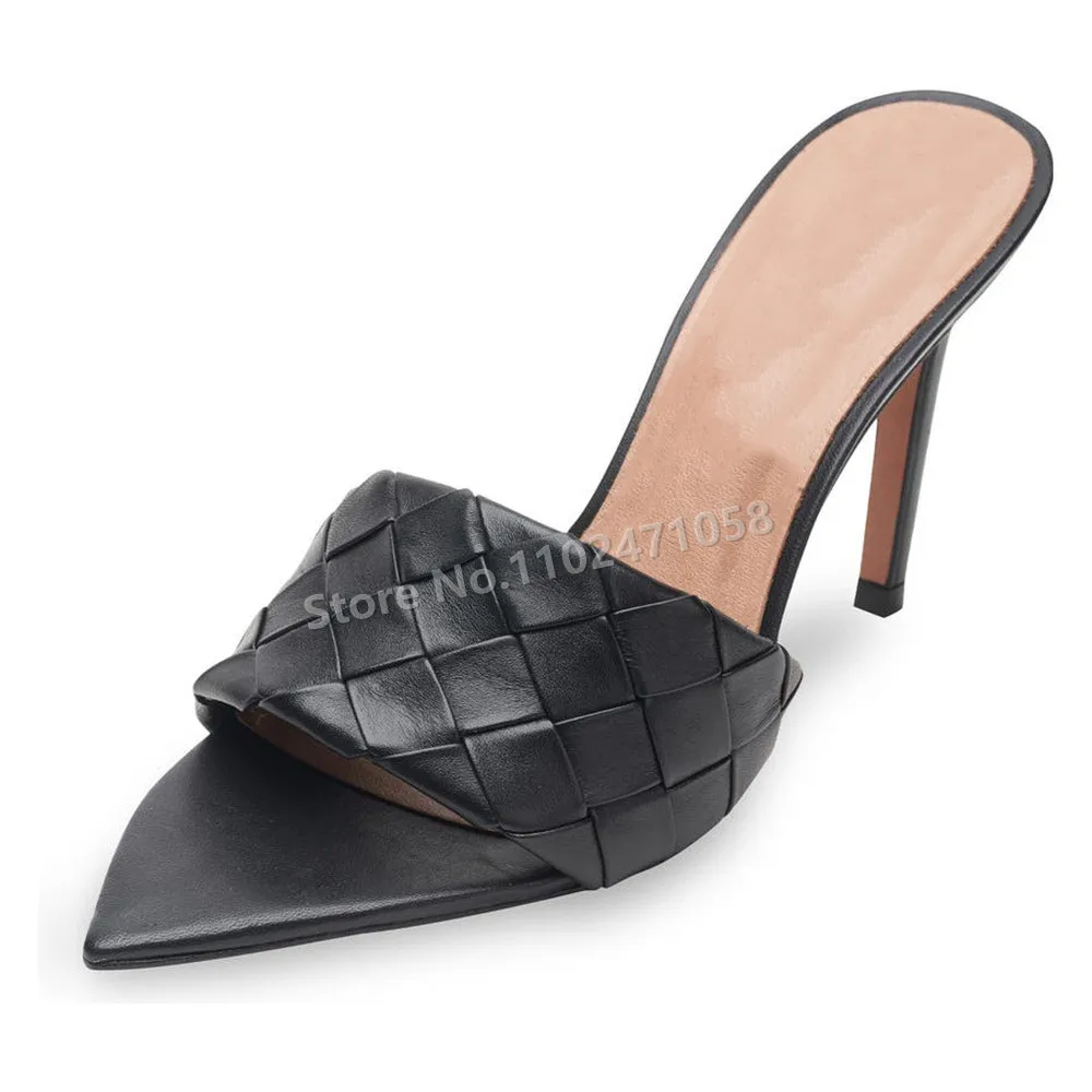 

Black Weaving Women Mules Peep Toe Thin Heels Slingback Slip-On Slippers Fashion Catwalk Party Ladies Hight Heels Shallow Shoes