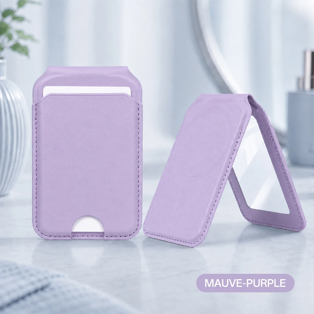 Sleek Leather Magnetic Phone Wallet with Mirror and Foldable Stand - Slim Card Holder